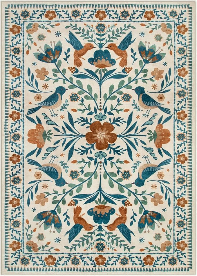 Moynesa Boho Birds Area Rug 5x7 Washable Rug, Floral Carpet for Living Room Low-Pile Soft Bedroom Rugs, Jungle Animal Beige Dining Room Rug Indoor Non-Slip Floor Carpet for Playroom