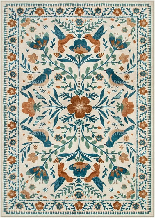 Moynesa Boho Birds Area Rug 5x7 Washable Rug, Floral Carpet for Living Room Low-Pile Soft Bedroom Rugs, Jungle Animal Beige Dining Room Rug Indoor Non-Slip Floor Carpet for Playroom