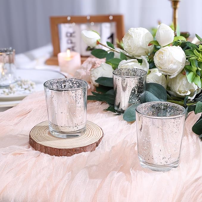 24 Pcs Silver Votive Candle Holders, Speckled Mercury Silver Glass Candle Holder Bulk for Wedding Centerpiece Table Decor, Tea Lights Candle Holder for Valentines Day Decor, Home Decor