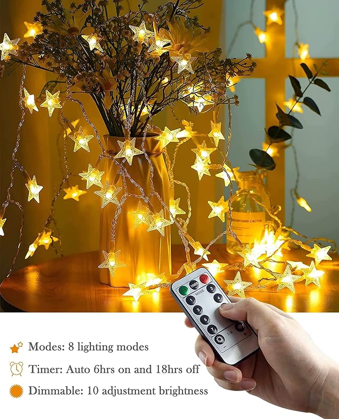 ANJAYLIA Star Lights 100 LED 32 FT Battery Operated String Lights Battery Power Star Fairy Lights for Bedroom Indoor & Outdoor, Party, Ramadan, Christmas Decorations Warm White
