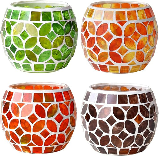 SHMILMH Mosaic Candle Holders Set of 4, Handmade Glass Tealight Votive Holders, Fall Thanksgiving Diwali Decor, Autumn Wedding Party Table Centerpiece, Brown Orange Green