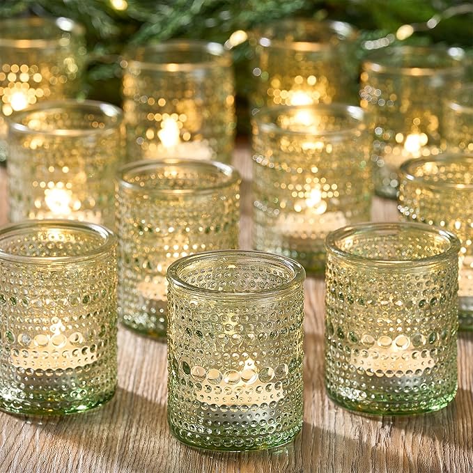 24 Pack Clear Glass Votive Candle Holders, Vintage Candle Holder for Floating Candle, Tealight Candle Holder for Table Centerpieces Home Bridal Shower Birthday Christmas Table Decoration (Green)