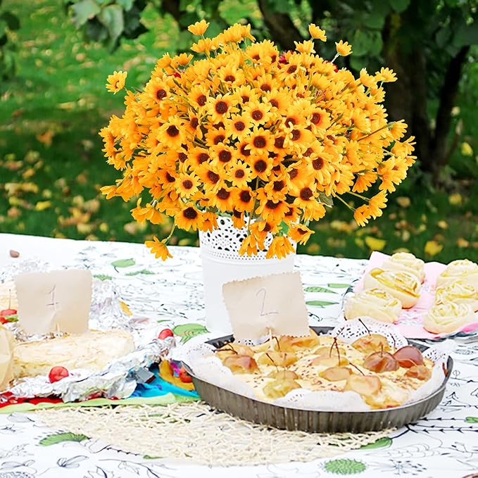 Uieke 24 Bundles Sunflowers Artificial Flowers Daisy Mums 24 Stems Fake Fall Flowers Outdoor UV Resistant No Fade Shrubs for Indoor Outside Home Wedding Office DIY Garden Fall Décor (Yellow)