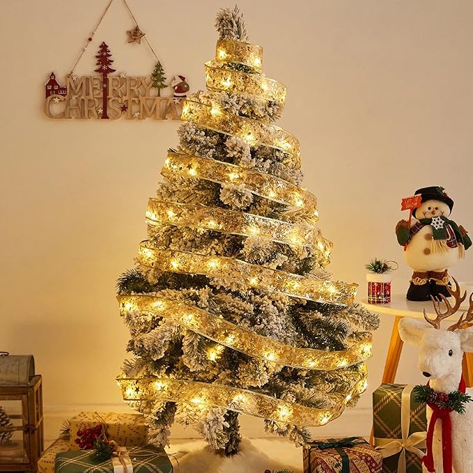 Christmas Ribbon Fairy Lights 33Ft 100 LED String Lights Battery Operated 2In Gold Foil Ribbon with Warm White Twinkle Firefly Lights Indoor Starry Holiday Decoration for Christmas Tree