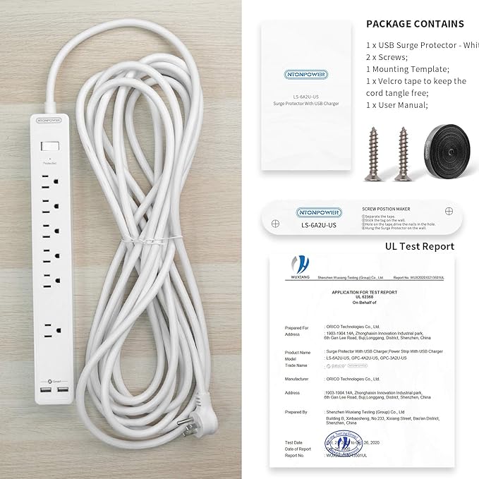 25ft Extension Cord Power Strip, 6 Outlets Surge Protector with 2 USB Ports, 15 A Circuit Breaker, Widely Spaced Outlet, Long Power Strip with Flat Plug Wall Mount for Home Office, Old House