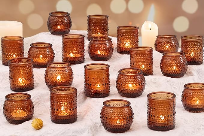 40 Pcs Assorted Amber Candle Holders Bulk- Amber Tealight Candle Holder for Fall Wedding Decor, Votive Candle Holders for Fall Home Decorations, Vintage Table Decor