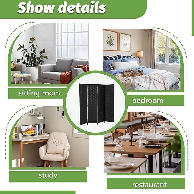 FDW Room Divider Wood Screen 4 Panel Folding Portable Partition Screens Wooden Mesh Woven Design Room Screen Divider for Home Office (Coal Black)