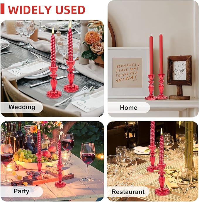 Glass Candle Holders, 2PCS Wide Base Candlestick Holder Decorative Candle Stand Table Centerpieces for Wedding Birthday Halloween Christmas Party, Red