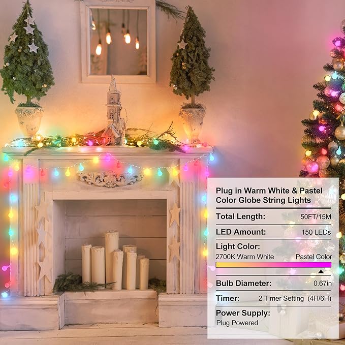 OMIKA 50FT Connectable Globe String Lights Outdoor Waterproof, 150 LED Fairy Lights with Remote Timer, Multicolor and Warm White Plug in Pastel String Lights for Indoor,Bedroom, Party, Classroom Decor