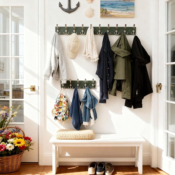 SKOLOO Creations Forest Green Solid Wood Wall Mounted Coat Rack, 5 Hooks, 17" Long - Kitchen, Mudroom, Entryway, Bathroom - Includes Mounting Hardware, Wall Coat Hanger, Towel Rack, Pack of 2