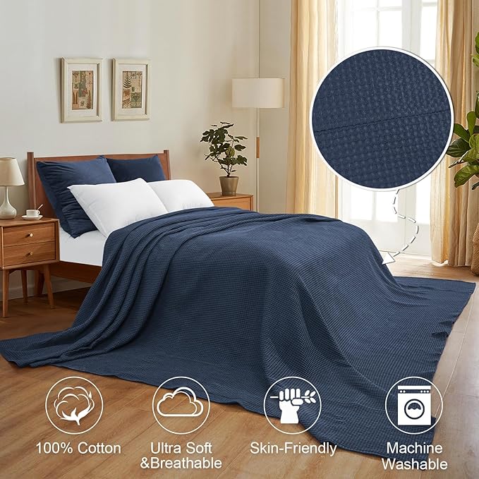 PHF Pre-Washed Cotton Waffle Weave Family Blanket,Oversized King Size 120"x 120"-Snag Proof Lightweight Breathable, 10'x 10' Huge Extra Large Big-Elegant Aesthetic Home Decoration Gift,Dark Navy