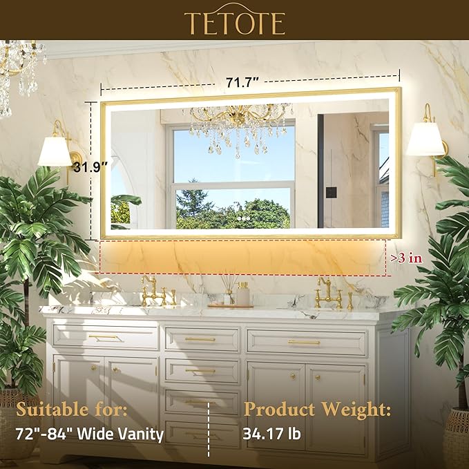 TETOTE Gold LED Bathroom Mirror with Lights 72x32 Front & Back Light Vanity Framed Mirror Baroque Anti Fog Dimmable White/Warm/Natural,CRI90+,Waterproof,Wall Mounted(Horizontal/Vertical)