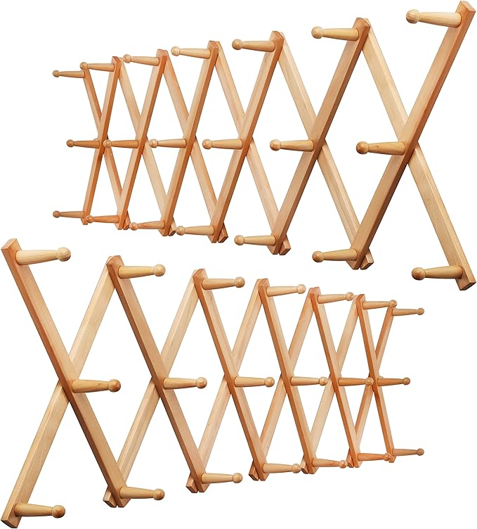 WEBI Accordion Wall Hanger,Wooden Expandable Coat Rack,Accordion Hat Rack for Wall for Hats,Caps,20 Peg Hooks,Natural,2 Packs