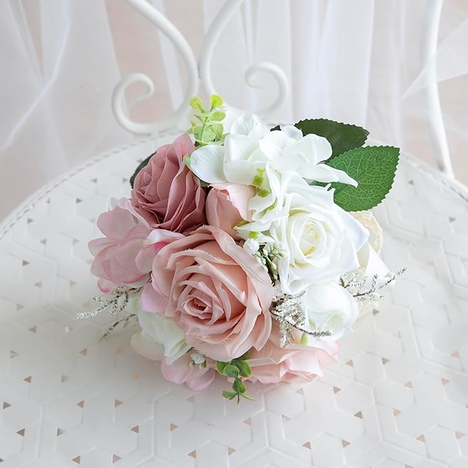 Wedding Bouquets for Bride Bridesmaid, Artificial Dusty Rose Bride Flower Bouquet for Wedding Church Decoration Ceremony, Anniversary, etc, Roses Flowers