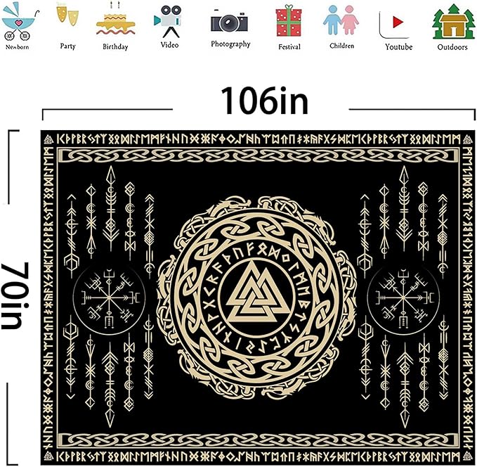 OSUNBD Nordic Viking Tapestry Wall Hanging - Large 106x70 inches Soft Flannel with Valknut, Celtic Runes & Norse Mythology Scandinavian for Bedroom, Living Room Decor
