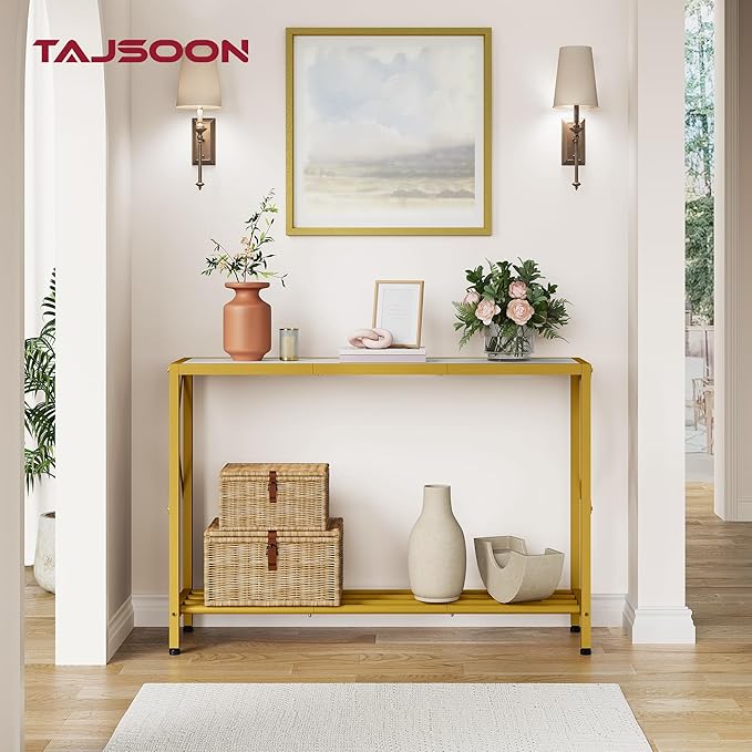 Tajsoon Entryway Table 41.8”, 2-Tier Entry Way Console Entrance Table, Narrow Sofa Table with Shelves, Ideal for Hallway, Entryway, Living Room, Foyer, Corridor, and Office (Gold & White)