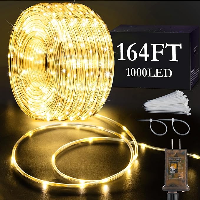 KNONEW 164FT 1000LED Rope Lights for Outside,Outdoor String Lights Waterproof 8 Modes Clear Tube Light for Indoor,Bedroom,Wedding,Garden,Patio,Christmas,Tree,Rv,Holiday Decoration(Warm White)