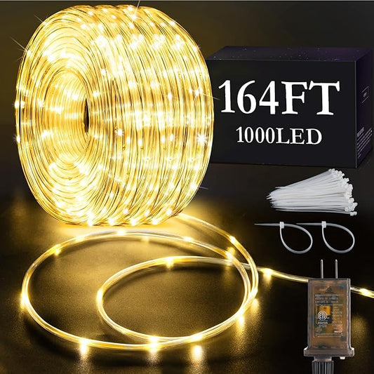 KNONEW 164FT 1000LED Rope Lights for Outside,Outdoor String Lights Waterproof 8 Modes Clear Tube Light for Indoor,Bedroom,Wedding,Garden,Patio,Christmas,Tree,Rv,Holiday Decoration(Warm White)