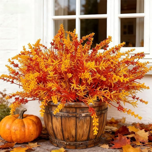 Geegoods 16 Bundles Artificial Fall Flowers Outdoor – Faux Lavender Flowers with Monkey Grass UV Resistant Plastic Faux Plants for Halloween Front Door Porch Patio Yard Balcony Decor, Orange Color