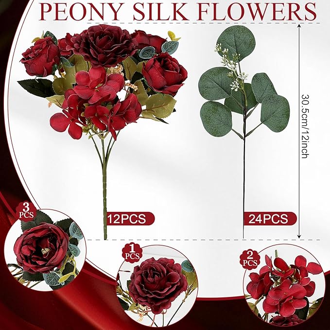 Peony Artificial Flowers, Faux Peonies Hydrangea Eucalyptus Bouquet 12 Packs Silk Vintage Realistic Peony Floral Arrangement for Vase Wedding Centerpiece Table Home Party Decor-Burgundy