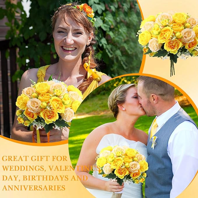 Geosar 8 Bundles Artificial Peonies Flowers Fake Silk Peony Bouquet Faux Peonies Flowers Bulk for Decoration Vase Floral Arrangements Wedding Party Table (Yellow,Champagne)