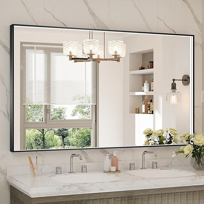 60x36 Inch LED Bathroom Mirror, Black Metal Framed Lighted Mirror for Bathroom, Wall Mouted LED Vanity Mirror with Lights, 3 Colors and Stepless Dimmable, Anti-Fog, Memory