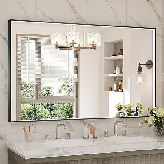 60x36 Inch LED Bathroom Mirror, Black Metal Framed Lighted Mirror for Bathroom, Wall Mouted LED Vanity Mirror with Lights, 3 Colors and Stepless Dimmable, Anti-Fog, Memory