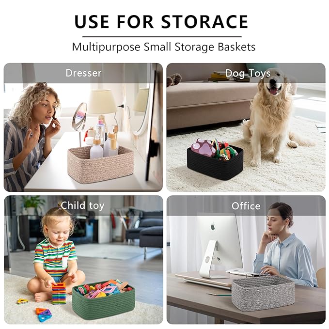 4 Pack Small Storage Shelf Baskets for Organizing, Mini Woven Rope Storage Bins for Towels, Cute Decorative Closet Organizer，Baby Nursery, Gift Empty Baskets -11.81''Lx7.87''Wx4.72''H-Black