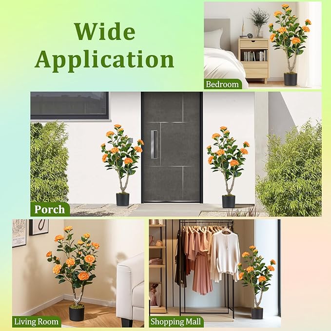 GOFLAME 3FT Artificial Camellia Tree, Faux Camellia Plant with Orange Flowers, Solid Wood Trunk, Realistic Moss, Greenery Potted Decoration Tree for Indoor Outdoor Home Porch Front Door