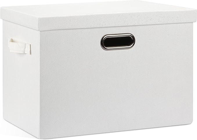 Large 17" 36 Quart Collapsible Stackable Storage Bins with Lids, 1 Pack White Foldable Fabric Closet Storage Boxes with Lids, 4 Handles Heavy-duty Linen Cube Baskets for Bedroom