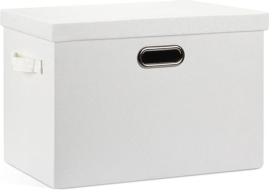 Large 17" 36 Quart Collapsible Stackable Storage Bins with Lids, 1 Pack White Foldable Fabric Closet Storage Boxes with Lids, 4 Handles Heavy-duty Linen Cube Baskets for Bedroom