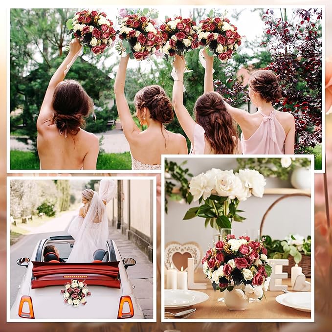 Hotop 12 Bunches of Artificial Flowers Centerpiece 13 Inches Silk Faux Roses Bouquets for Table Decoration Realistic Bouquet Arrangement Boho Faux Flowers for Wedding (Coffee)