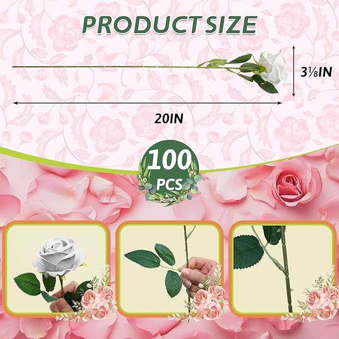 100 PCS Fake White Roses, Artificial Flowers Bulk Realistic Silk Faux Ivory Rose with Stems for Wedding Decorations Table Centerpieces Bridal Bouquet DIY Floral Arrangement Event Party Home Decor