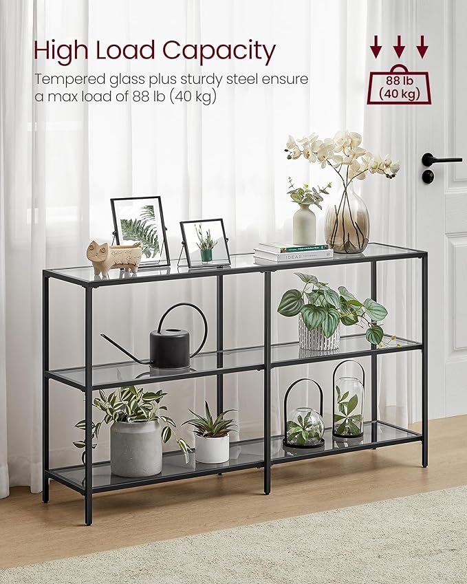 VASAGLE 51.2 Inch Console Table with 3 Shelves, Sofa Tables, Modern Entryway Table, Metal Frame, Tempered Glass Shelf, Entryway Living Room Bedroom, Classic Black and Slate Gray ULGT024B61