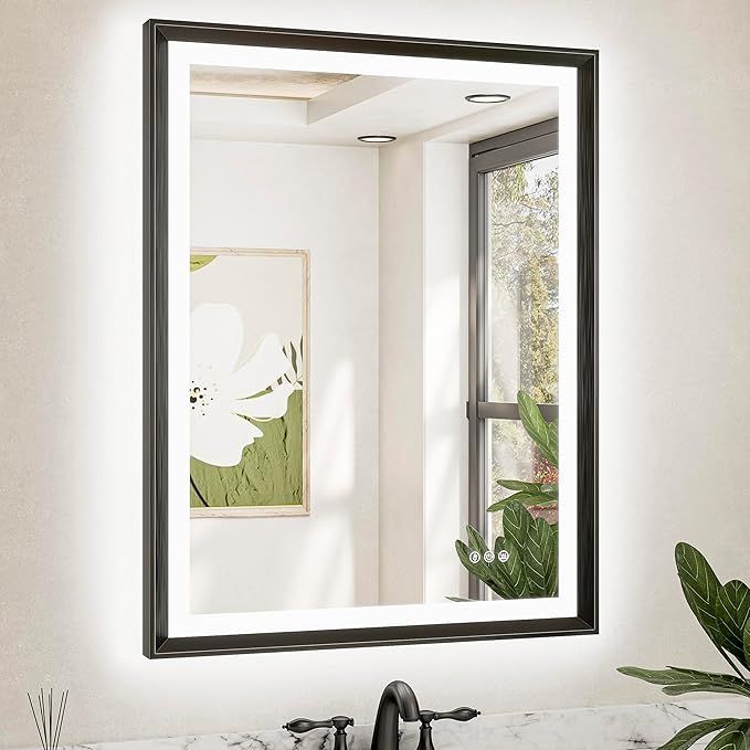 TETOTE 28x36 LED Mirror for Bathroom Black Metal Frame Frontlit & Backlit Lighted Vanity Mirror Baroque Gothic Anti Fog Stepless Dimmable White/Warm/Natural,CRI90+,Waterproof(Horizontal/Vertical)