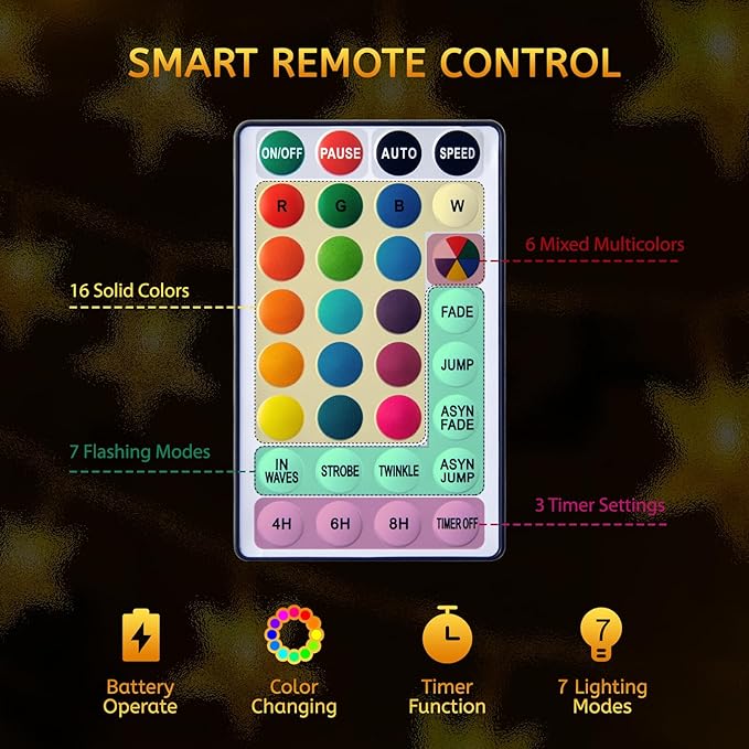 Minetom Star String Lights Battery Operated - 17 ft 50 LED Color Changing Star Fairy Light with Remote and Timer, 16 Single Colors and 7 Modes Starry Lights for Bedroom Dorm Tent Bed Patio Christmas