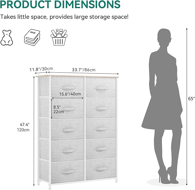 YITAHOME 10-Drawer Dresser, Fabric Storage Tower, Tall Dresser for Living Room, Hallway, Closets, Sturdy Steel Frame, Wooden Top, Easy Pull Fabric Bins