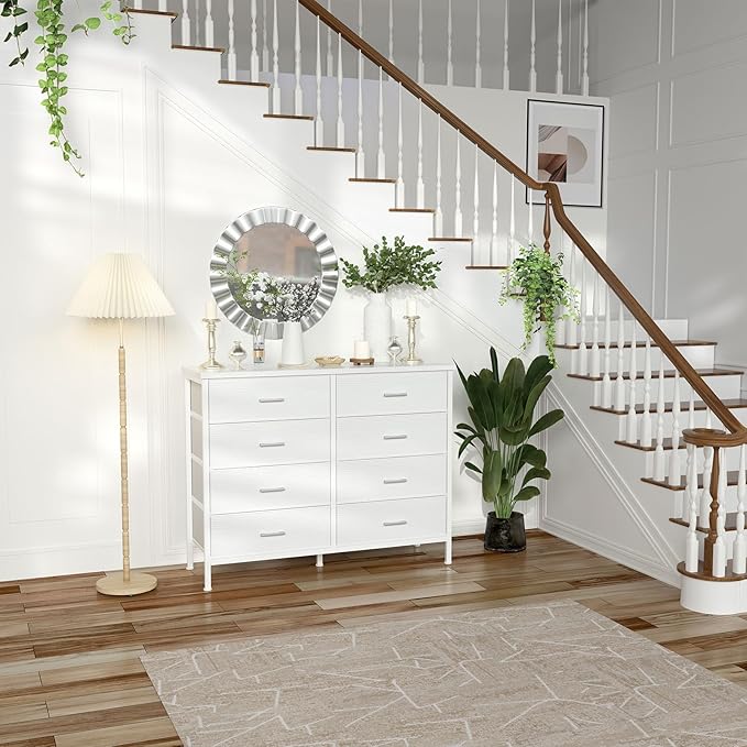 BOLUO White Dresser for Bedroom 8 Drawer,Wide Dresser TV Stand for 50" TV Dressers & Chests of Drawers Fabric Dresser for Closet Modern
