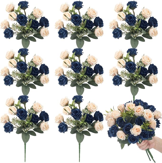 Zeyune 8 Pack 12 Inch Wedding Bouquets for Bride Bridesmaid Dark Blue and Champagne Artificial Rose Bouquet Fake Silk Roses Flowers Bunches Bulk for Home Office Garden Parties Decoration