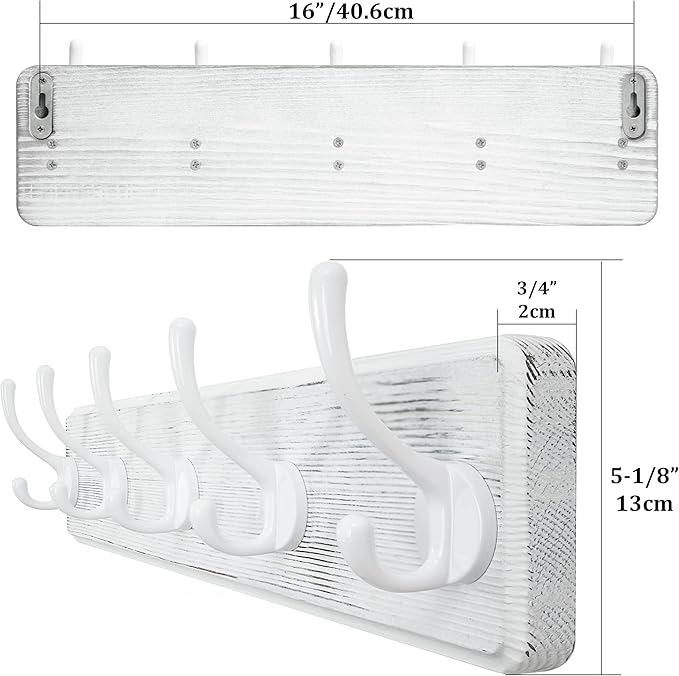 WEBI Coat Rack Wall Mount,Coat Hooks Wall Mounted,16" Hole to Hole,Large Coat Hanger Wall Hook Rack,5 Hooks for Hanging Coats,Hats,Jacket,Clothes,White