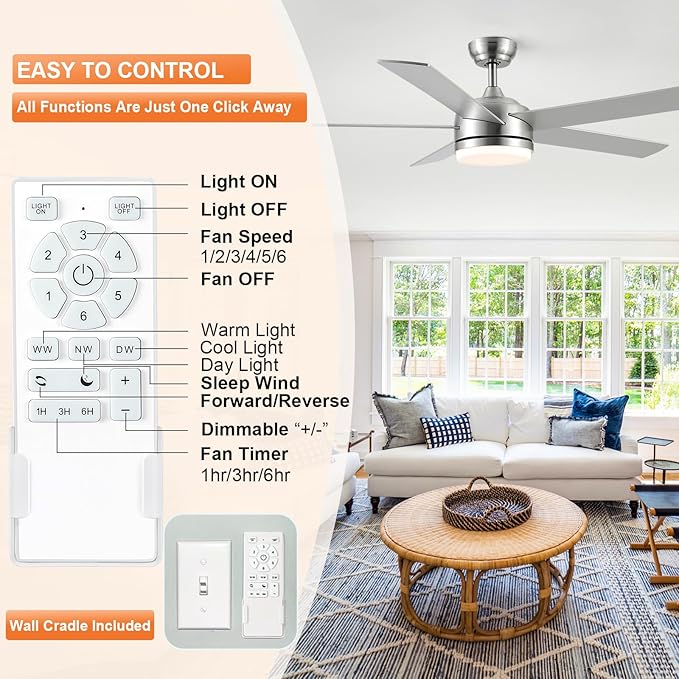 YUHAO 60 Inch Brushed Nickel Ceiling Fan with Light and Remote Control.Noiseless,Dimmable,3CCT,6 Speeds Reversible, DC Ceiling Fans for Indoor or Covered Outdoor