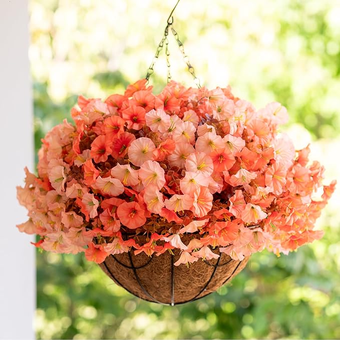 Artificial Fake Hanging Flowers with Basket for Fall Decoration, 12 Bundles Faux Silk Morning Glory Plants for Outdoor Planters, Realistic UV Resistant Artificial Flowers for Outside Porch Garden