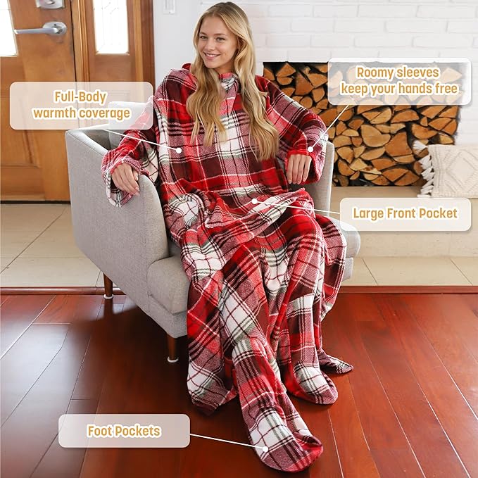 Catalonia Wearable Fleece Blanket with Sleeves and Foot Pockets for Adult Women Men, Micro Plush Comfy Wrap Sleeved Throw Blanket Robe Large, Red Plaid