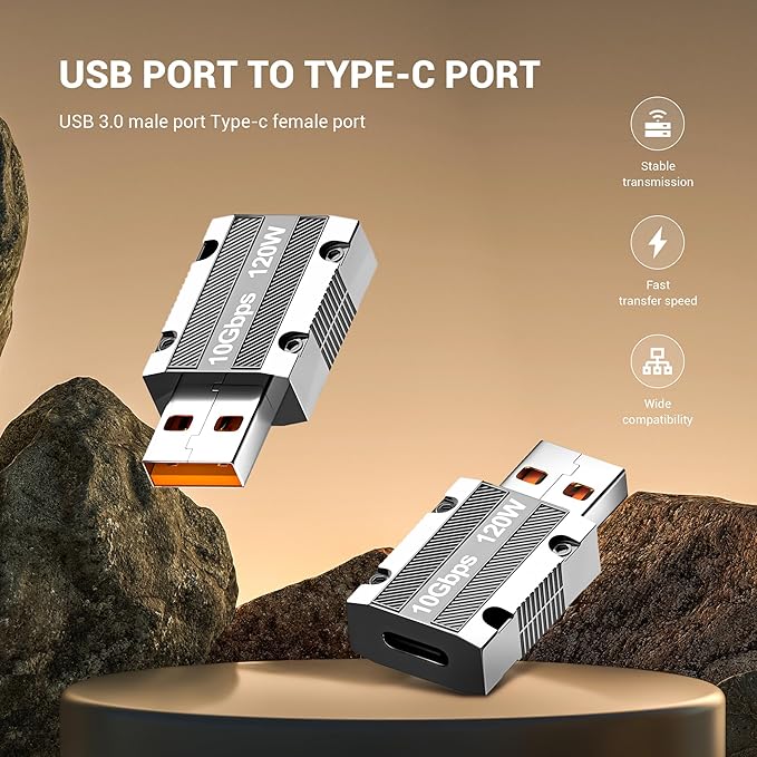 USB C to USB 3.1 Adapter, Zinc Alloy USB A to Type C Adapter with 10Gbps High-Speed Data Transfer PD 120W Stable Charging for Laptop, Phone, PC (2 Pack)