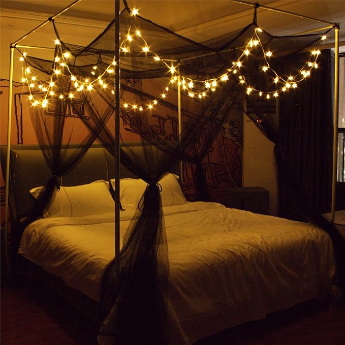 Comtelek 8 Corner Bed Canopy with 100 LED Star String Lights Battery Operated, Bed Netting Unique Style 4 Door Square Canopy Bed Curtains Canopy - Suggested for Twin Full Queen King Bed
