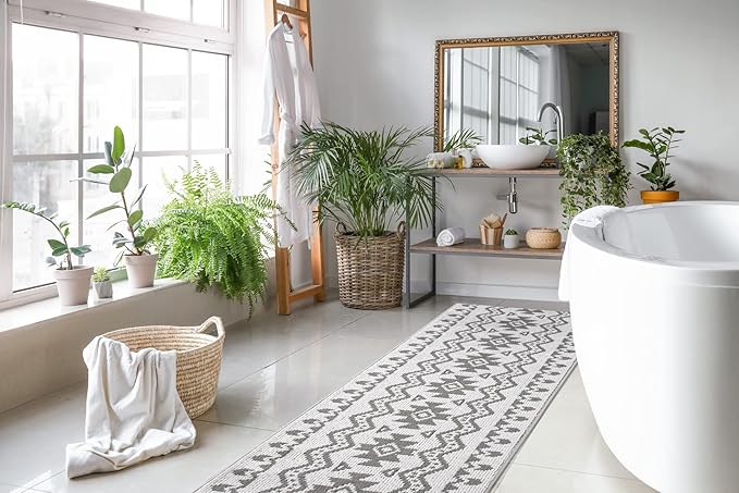 Custom Size Southwestern Style Runner Rug Mat for Wide Hallway Entryway Kitchen Laundry Room with Slip Resistant Latex Rubber Backing, Aztec Light Grey, 31 inch X 8 feet