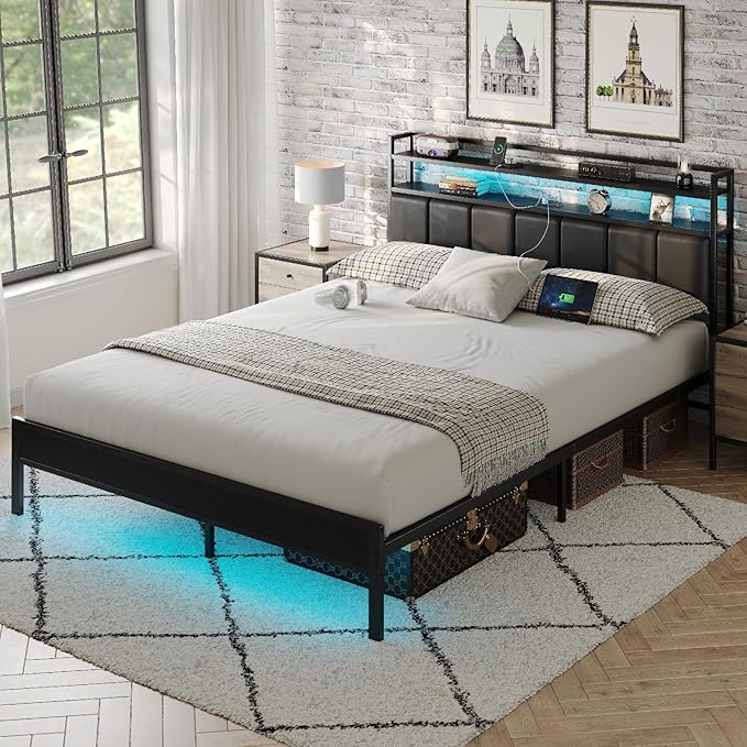 Queen Size Bed Frame with Charging Station and LED Lights, Metal Bed Frame with Headboard, Black Upholstered Headboard with 2-Tier Storage Shelves, Noise Free, No Box Spring Needed