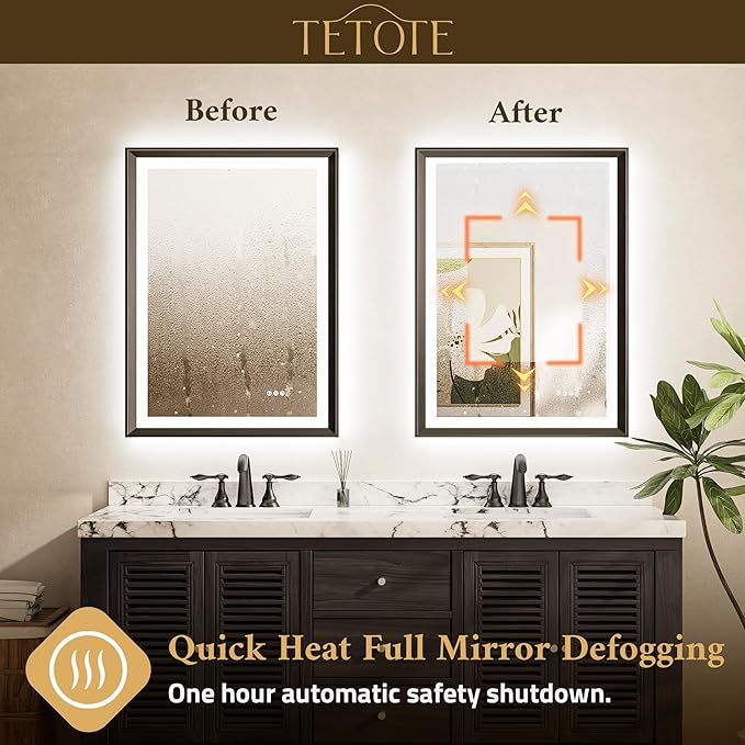 TETOTE 72x36 LED Mirror for Bathroom Black Metal Frame Frontlit & Backlit Lighted Vanity Mirror Baroque Gothic Anti Fog Stepless Dimmable White/Warm/Natural,CRI90+,Wall Mounted(Horizontal/Vertical)