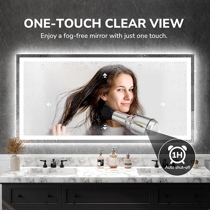 USHOWER LED Bathroom Mirror 72x36 Inch Tempered Glass - Frameless LED Backlit Lighted Mirror for Bathroom Vanity with Anti-Fog, 3 Colors Dimmable, Memory Function, Wall-Mounted