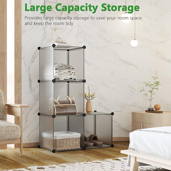 C&AHOME Cube Storage Organizer, 4-Cube Shelves Units, Closet Cabinet, DIY Plastic Modular Book Shelf Ideal for Bedroom, Living Room, Office, 24.8" L x 12.4" W x 24.8" H Grey UPCS04G